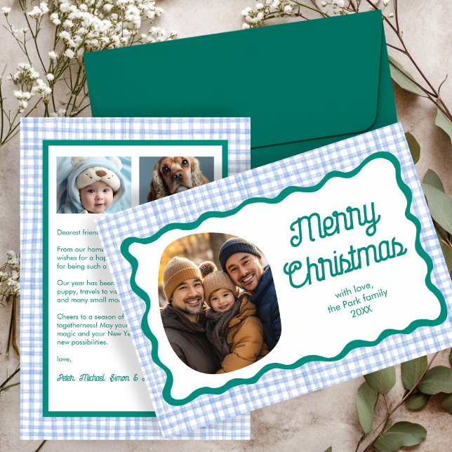 Gingham Vågigt Blue Grönt jul Anpassningsbar 3 Pho Julkort (Gingham Wavy Blue Green Christmas Custom 3 Photo Holiday Card
)