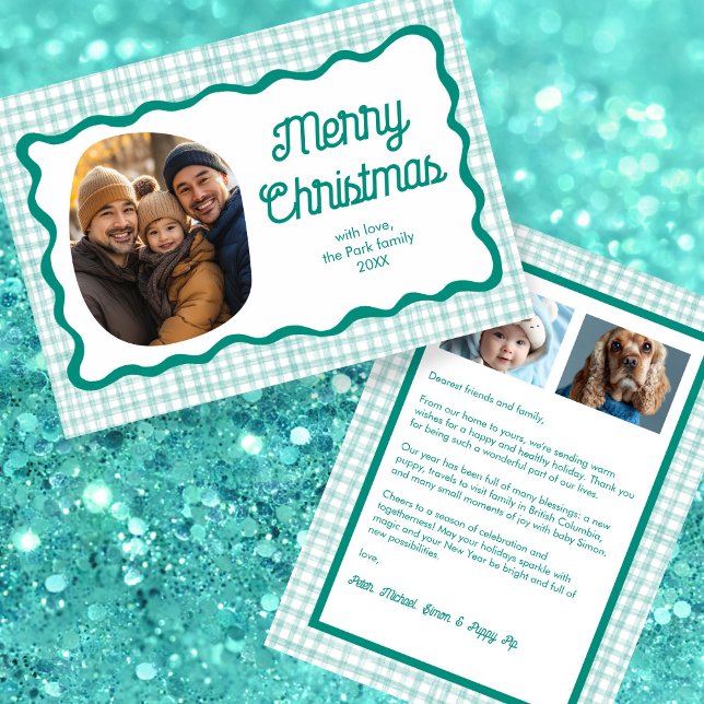 Gingham Vågigt Grönt Jul Anpassningsbar 3 Photo Julkort (Chic Preppy Cute Gingham Wavy Green Christmas Custom 3 Photo Collage Family Holiday Card
)