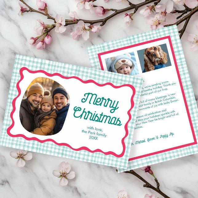 Gingham Vågigt Rosa Grönt Anpassningsbar 3 Photo Julkort (Gingham Wavy Pink Green Preppy Chic Cute Christmas Custom 3 Photo Holiday Card
)