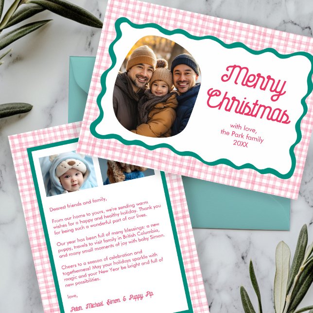 Gingham Vågigt Rosa Grönt Anpassningsbar 3 Photo Julkort (Gingham Wavy Pink Green Christmas Custom 3 Photo Holiday Card
)