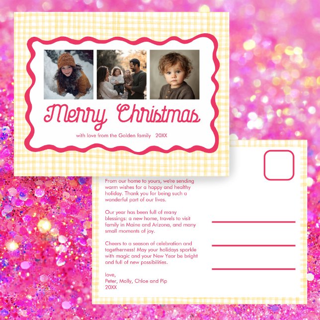 Gingham Vågigt Rosa Gult Anpassningsbar 3 Photo Helg Vykort (Gingham Wavy Pink Yellow Christmas Custom 3 Photo Collage Cute Chic Preppy Holiday Postcard
)