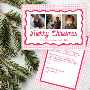 Gingham Vågigt Rosa Jul Anpassningsbar 3 Photo Julkort