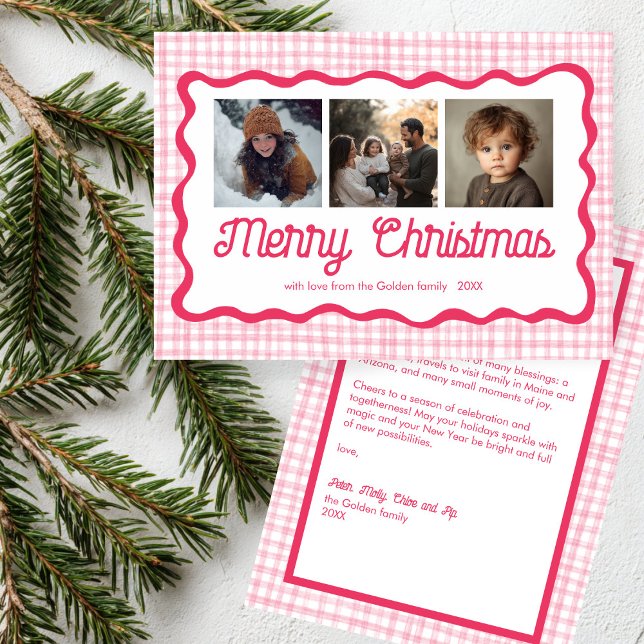 Gingham Vågigt Rosa Jul Anpassningsbar 3 Photo Julkort (Gingham Wavy Pink Christmas Custom 3 Photo Holiday Card
)