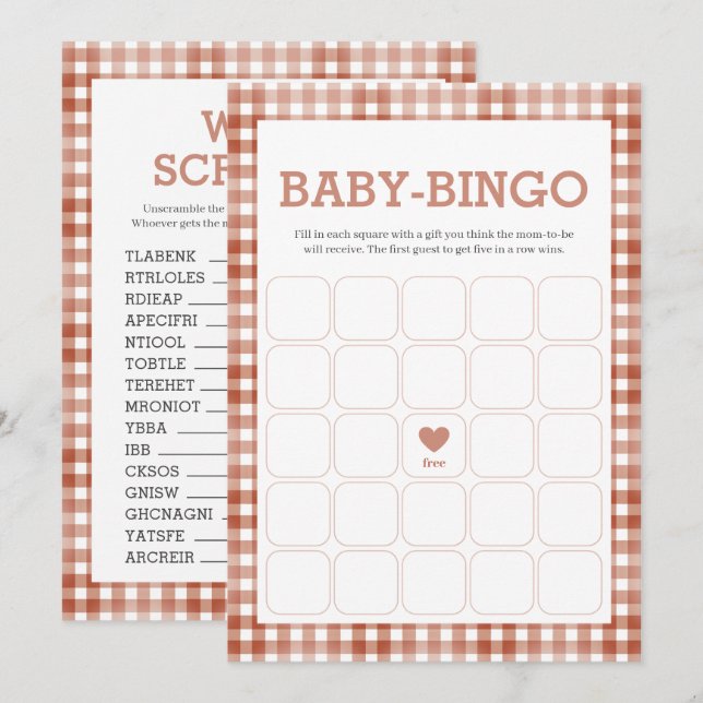 Gingham Watercolor Baby Shower Spelkort Inbjudningar (Fram/baksida)