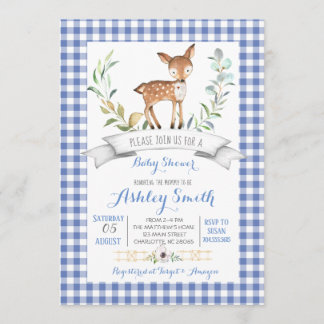 Gingham Woodland hjort babyduschinbjudan Inbjudningar