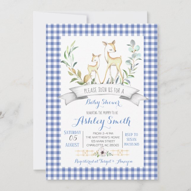 Gingham Woodland hjort babyduschinbjudan Inbjudningar (Framsida)