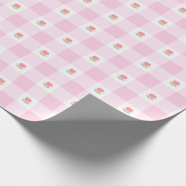 Gingham Wrapping papper Pastel Rosa with Tulip Presentpapper (Hörn)