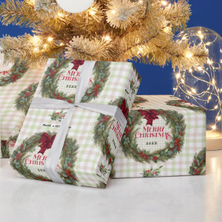 Gingham Wreath Watercolor Christmas Presentpapper