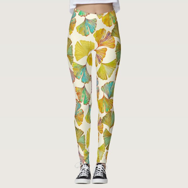 Gingko Löv: Blommigt Abstrakt Art Leggings (Framsida)