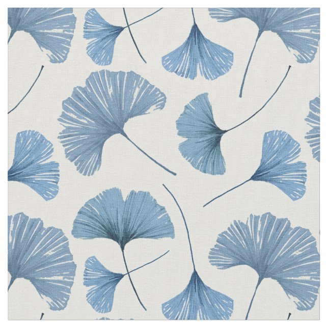 Gingko löv blue och white mönster tyg (Närbild)
