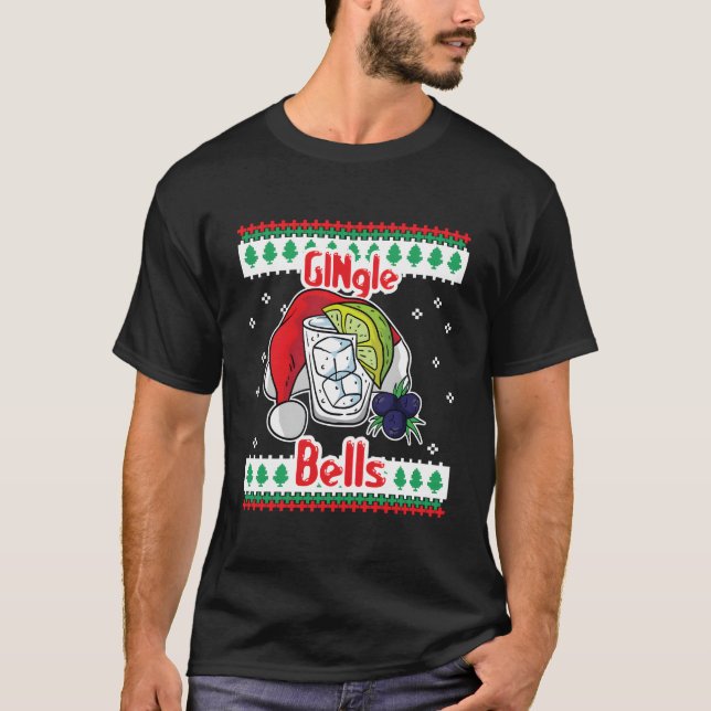 Gingle Bells Gin Tonic Glass Santa Ugly T Shirt (Framsida)