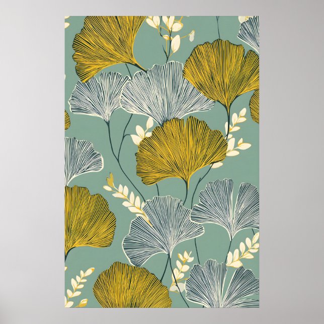 Ginkgo-blad botanisk väggkonsttryck – Teal och Poster (Framsidan)