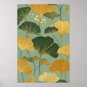 Ginkgo-blad botaniskt väggkonsttryck – Guld och Poster