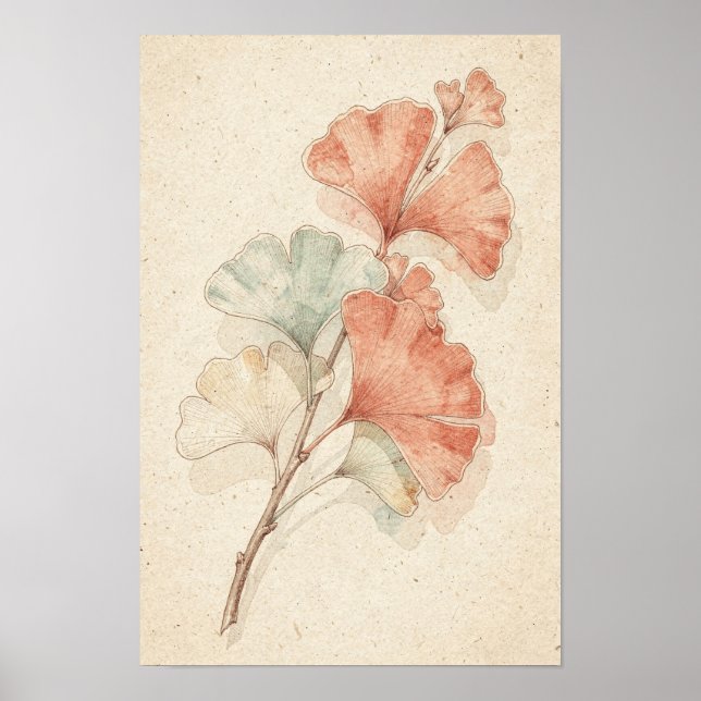 Ginkgo-gren botaniskt tryck | Flikbladstudie (Framsidan)