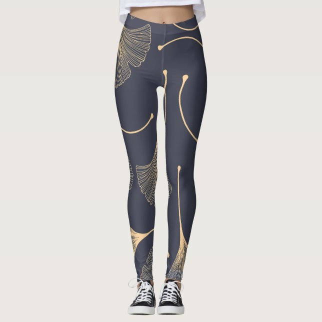 Ginkgo Löv Sömlöst Blommönster Leggings (Framsida)