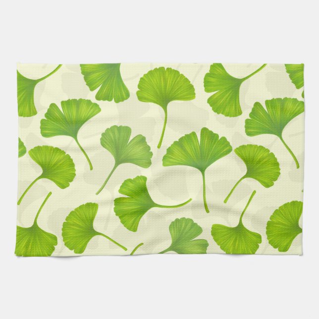 Ginkgo mönster på benvit kökshandduk (Horisontell)