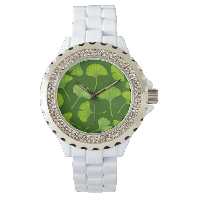 Ginkgo mönster på mörk grönt armbandsur (Framsida)