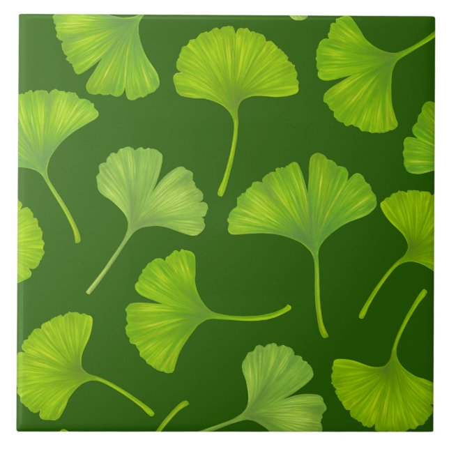 Ginkgo mönster på mörk grönt kakelplatta (Framsidan)