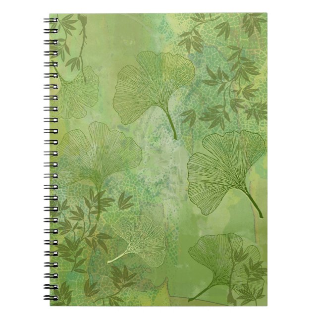 Ginkgo och Bamboo Lövs - Grönt Färg Anteckningsbok Med Spiral (Framsidan)