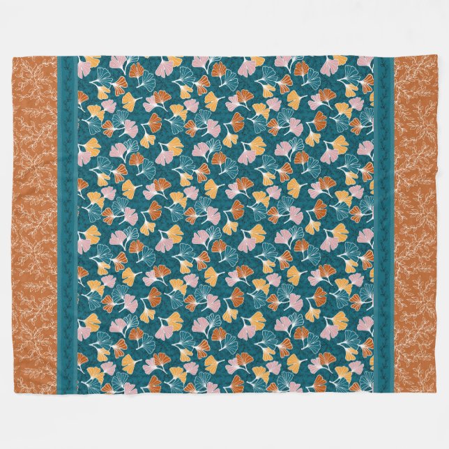 Ginkgos på Ocean Blue med Terracotta Blanket Fleecefilt (Framsidan (Horisontell))