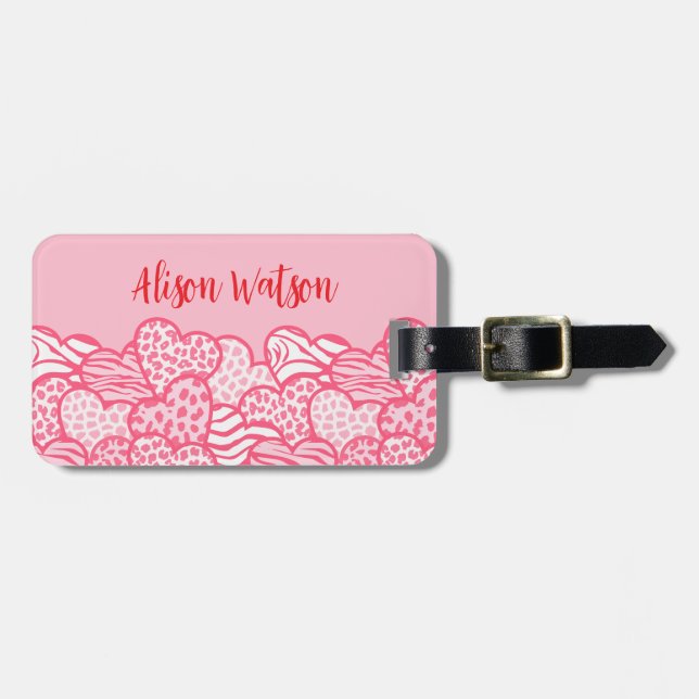 Gir Rosa Cute Animal Print Hearts Adress Bagagebricka (Horisontell Framsida)