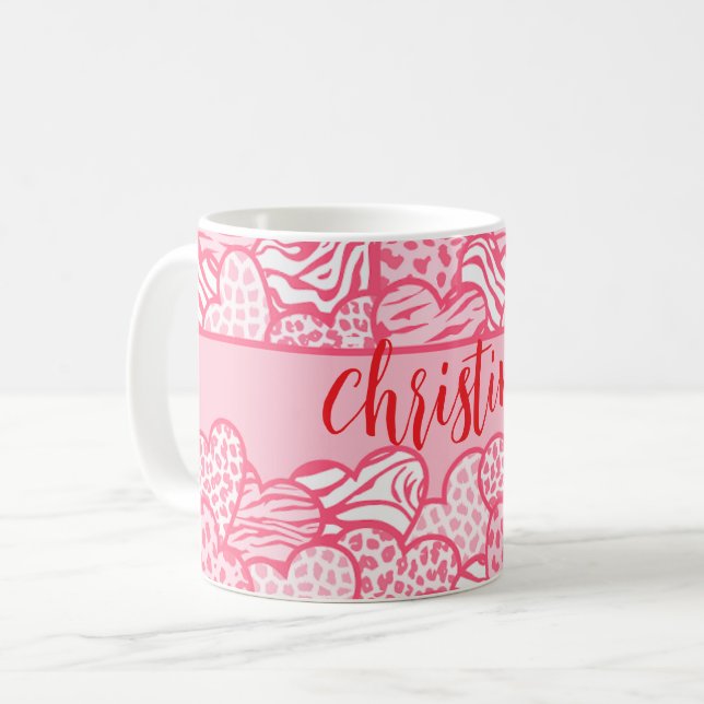 Gir Rosa Cute Animal Print Hearts Namn Kaffemugg (Framsida vänster)