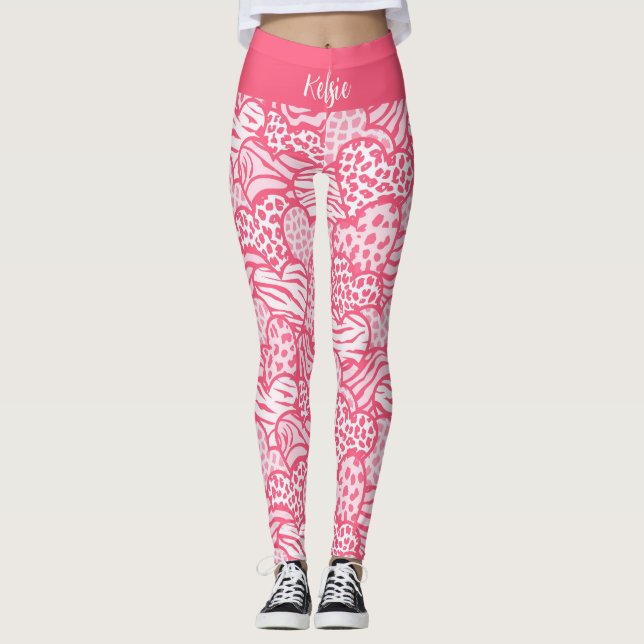 Gir Rosa Cute Animal Print Hearts Namn Leggings (Framsida)