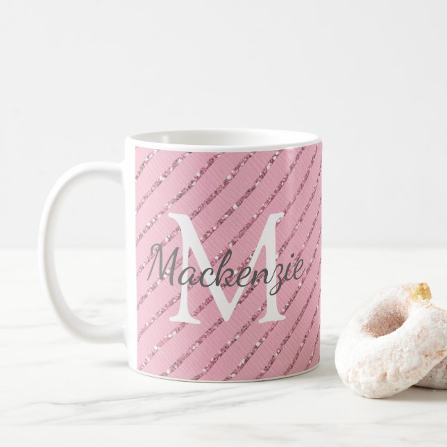 Gir Rosa Glitter Rand Monogram Kaffemugg (Med munk)