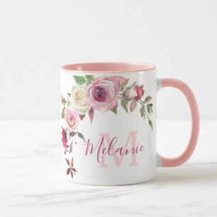 Gir Rosa och Vit ros Namn Monogram Mugg