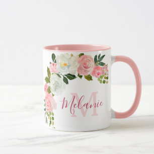 Gir Rosa och Vit ros Namn Monogram Mugg