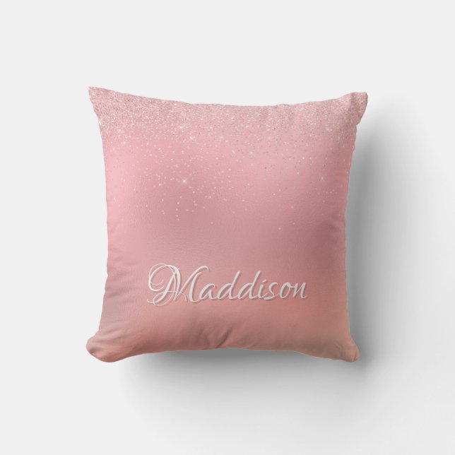 Gir Rosa Silver Glitter Personlig Namn Kudde (Framsida)