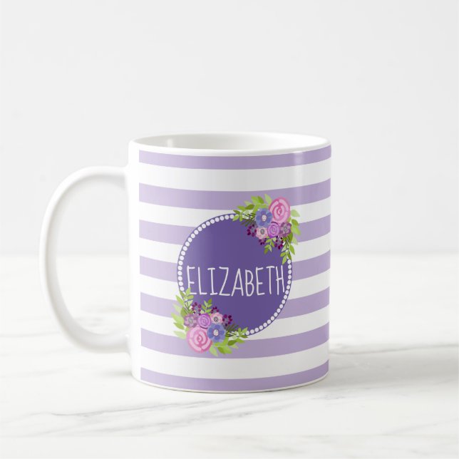 GirAbstrakt Blommigt Lila Rand Monogram Namn Kaffemugg (Vänster)