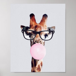 GIRAF SOM BÄR GLASÖGON BLÅSER EN ROSA BUBBELTÅLIG POSTER