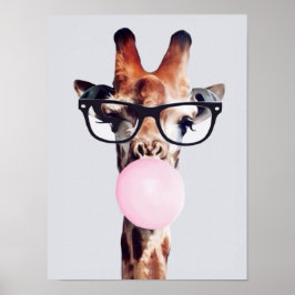 GIRAF SOM BÄR GLASÖGON OCH BLÅSER EN RÖD BUBBELGUM POSTER