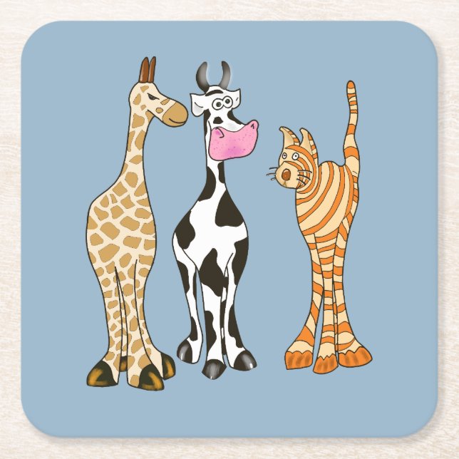 Girafe vache et chat, animaux comiques. underlägg papper kvadrat (Framsidan)