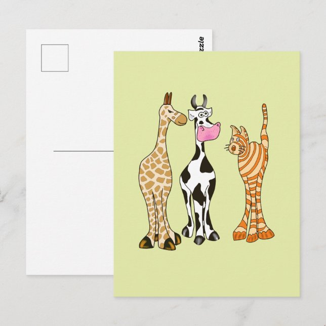 Girafe vache et chat, animaux comiques. vykort (Fram/baksida)