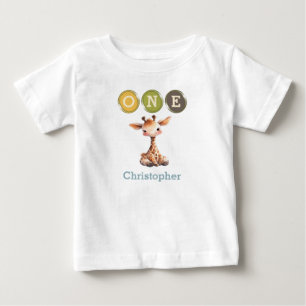 Giraff 1-årsdag en med namn blå t shirt