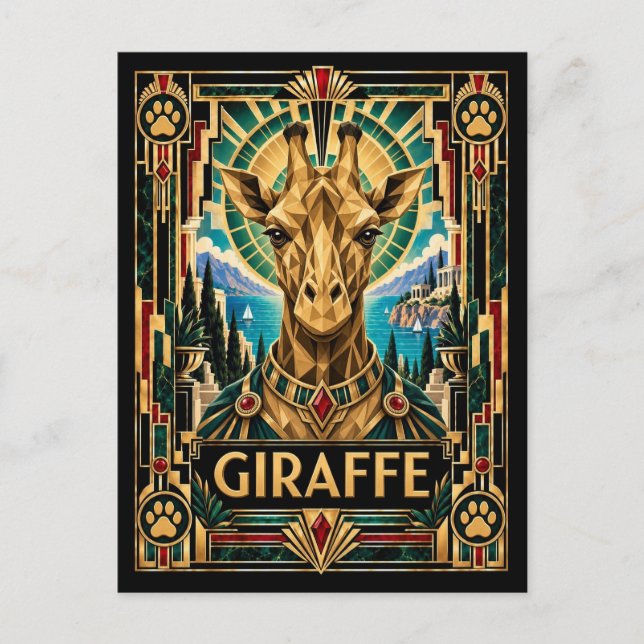 Giraff, Art Deco Wildlife Vykort (Framsida)
