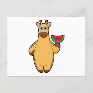 Giraff äter med vattenmelon vykort