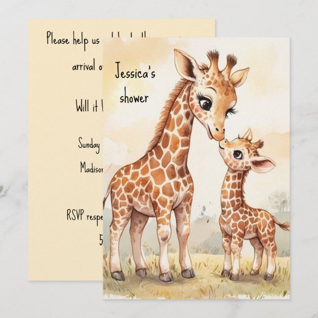 Giraff Baby Digital Nedladdningsbar Inbjudan (Fram/baksida)