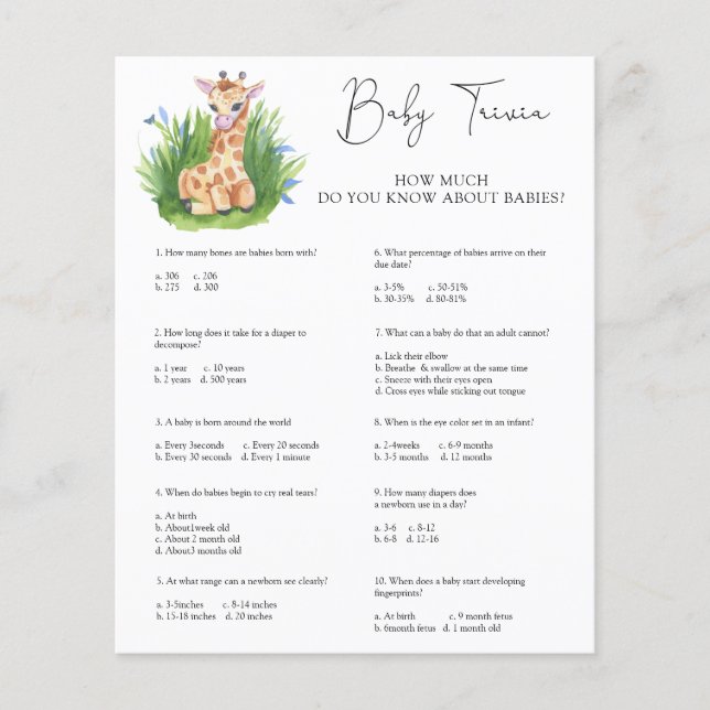 Giraff Baby Trivia | Baby Shower Lek (Framsida)