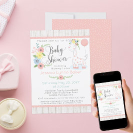 Giraff-babyshower | Söt blomster- och rustik träst Inbjudningar