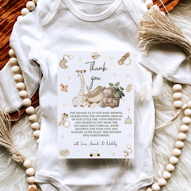 Giraff & Björn Neutral Boho Barnkalas Tack Kort (Skapare uppladdad)