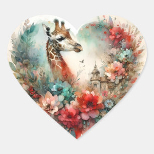 Giraff Blomsterlandskap Akvarell Blommor Safari Hjärtformat Klistermärke