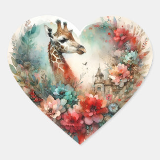 Giraff Blomsterlandskap Akvarell Blommor Safari Hjärtformat Klistermärke