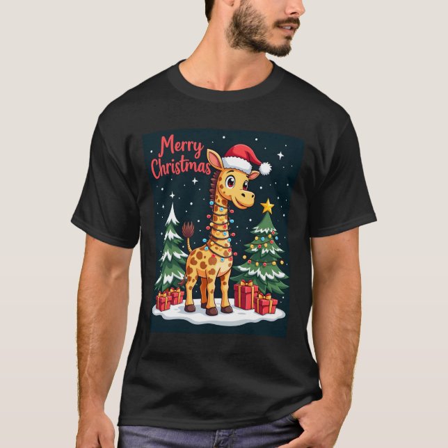 Giraff God Jul Träd Belysning Tomte Giraff T Shirt (Framsida)