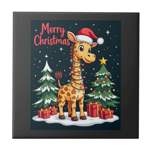 Giraff God Jul Träd Belysning Tomte Giraffar Kakelplatta (Framsidan)