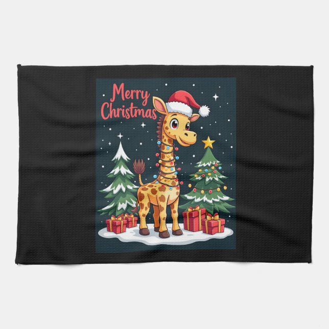 Giraff God Jul Träd Belysning Tomte Giraffar Kökshandduk (Horisontell)