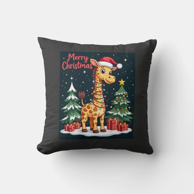 Giraff God Jul Träd Belysning Tomte Giraffar Kudde (Framsida)