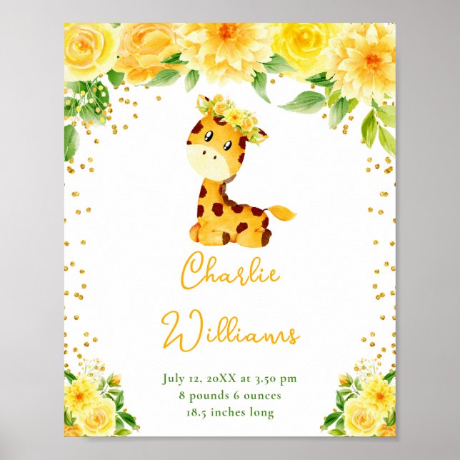 Giraff Gula Blommiga Födelse Statistik Poster (Framsidan)